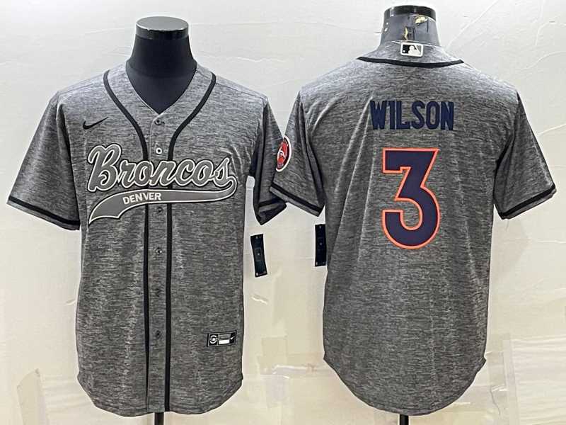 Mens Denver Broncos #3 Russell Wilson Grey Gridiron With Patch Cool Base Stitched Baseball Jersey